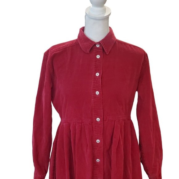 Vintage 90s Dark Red Corduroy Modest Babydoll Midi Shirt Dress Pockets 6 8 - Picture 2 of 10